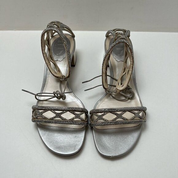 Rene Caovilla Women's Silver Leather Ankle Strap Sandals Size 36 Made In Italy - Picture 5 of 14
